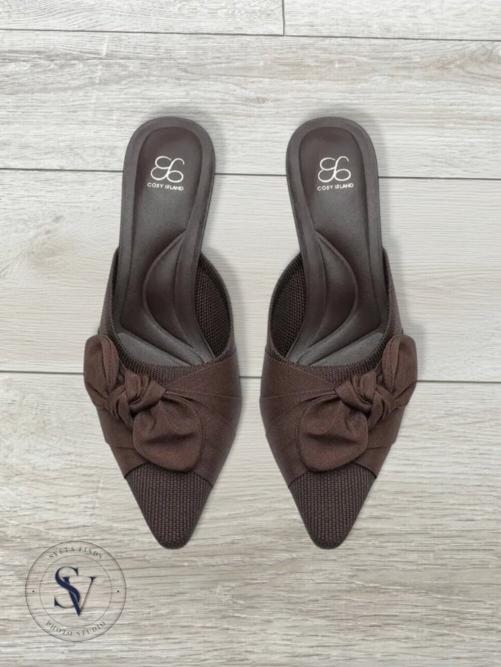 Cosy Island Brown Knit Pointed Toe Bow Mule Kitten Heels Size 8 Slide Pumps